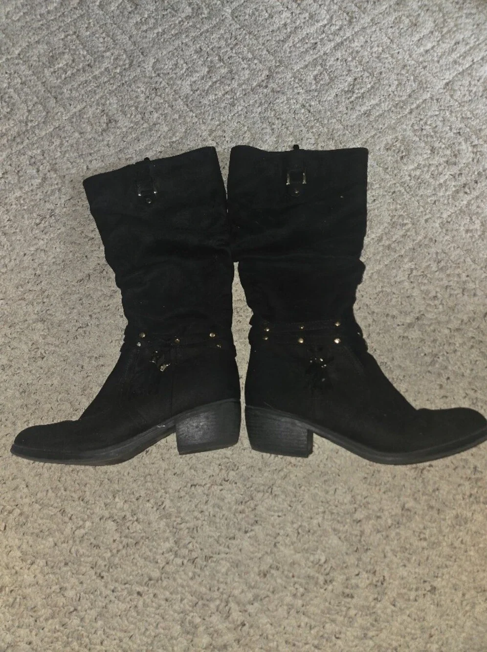 Black Suede Like Tassel Mid Calf Boots